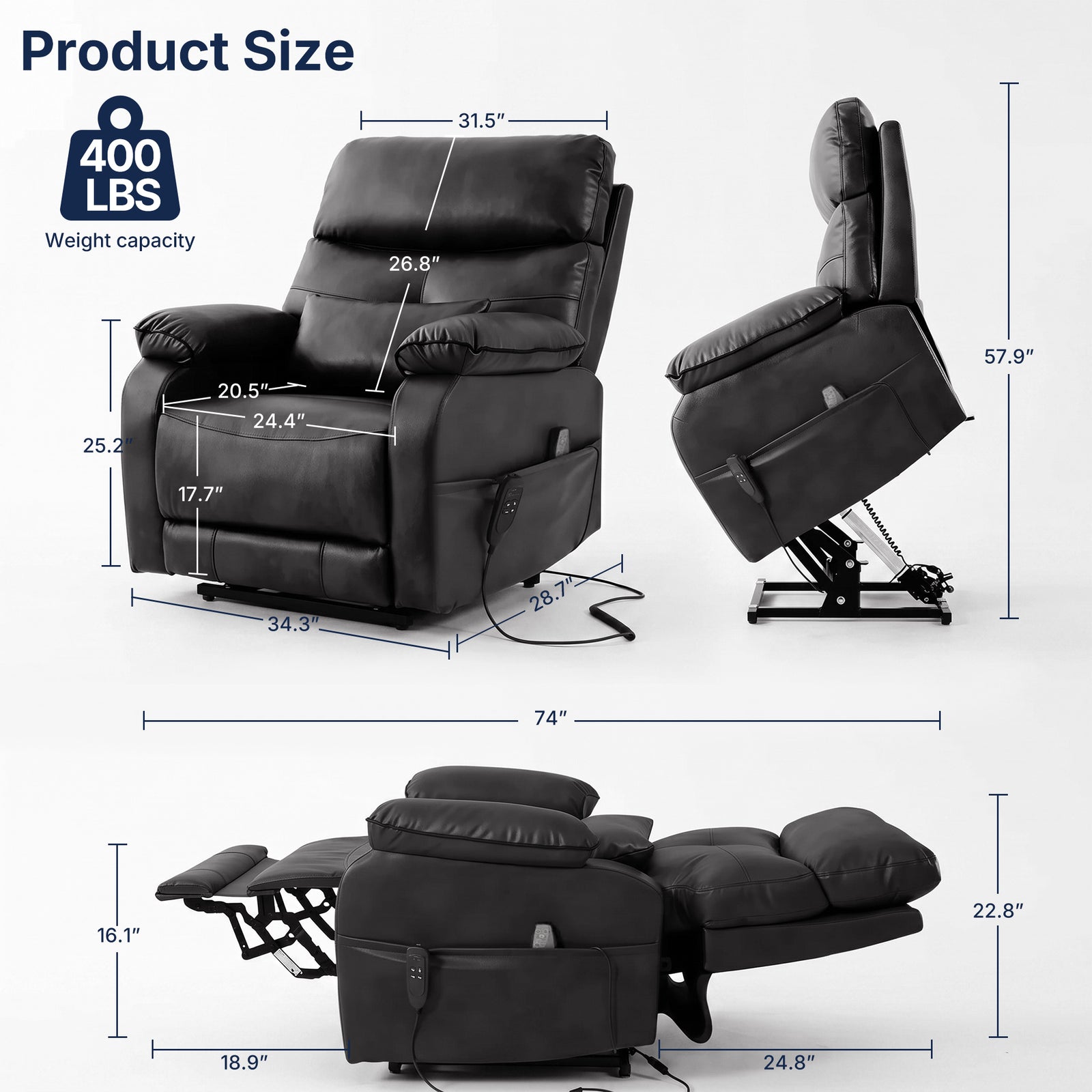 White background product size dimension chart for black faux leather power lift recliner chair, labeled inch measurements for upright, side lift and fully flat reclined positions, 400 LBS weight capacity icon, side storage pocket with wired remote control, elderly assist recliner sofa size specification diagram