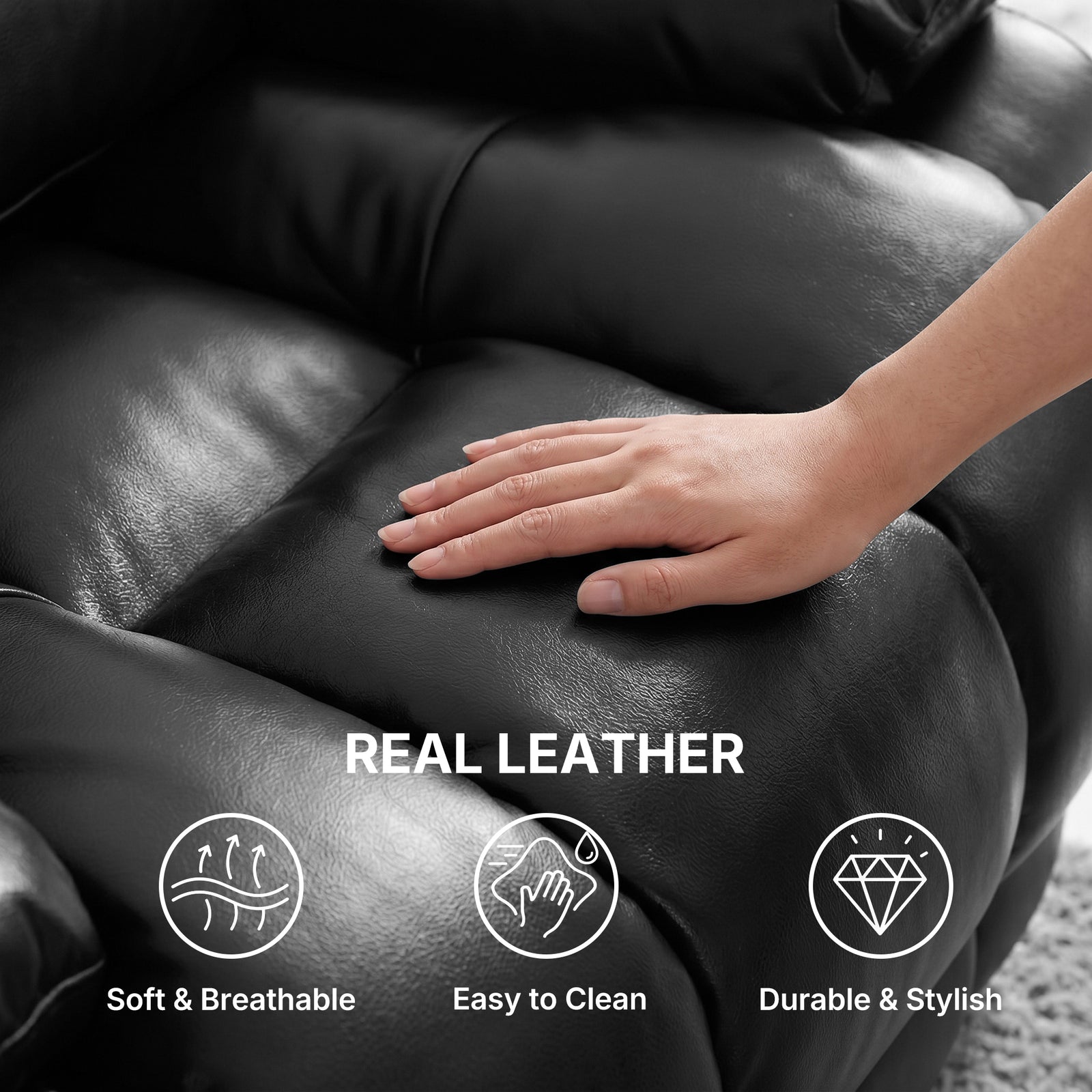 Close-up texture shot of hand gliding over smooth black real leather upholstery on power lift recliner chair, graphic text "REAL LEATHER", three feature icons with labels: Soft & Breathable, Easy to Clean, Durable & Stylish, highlights premium leather material advantages