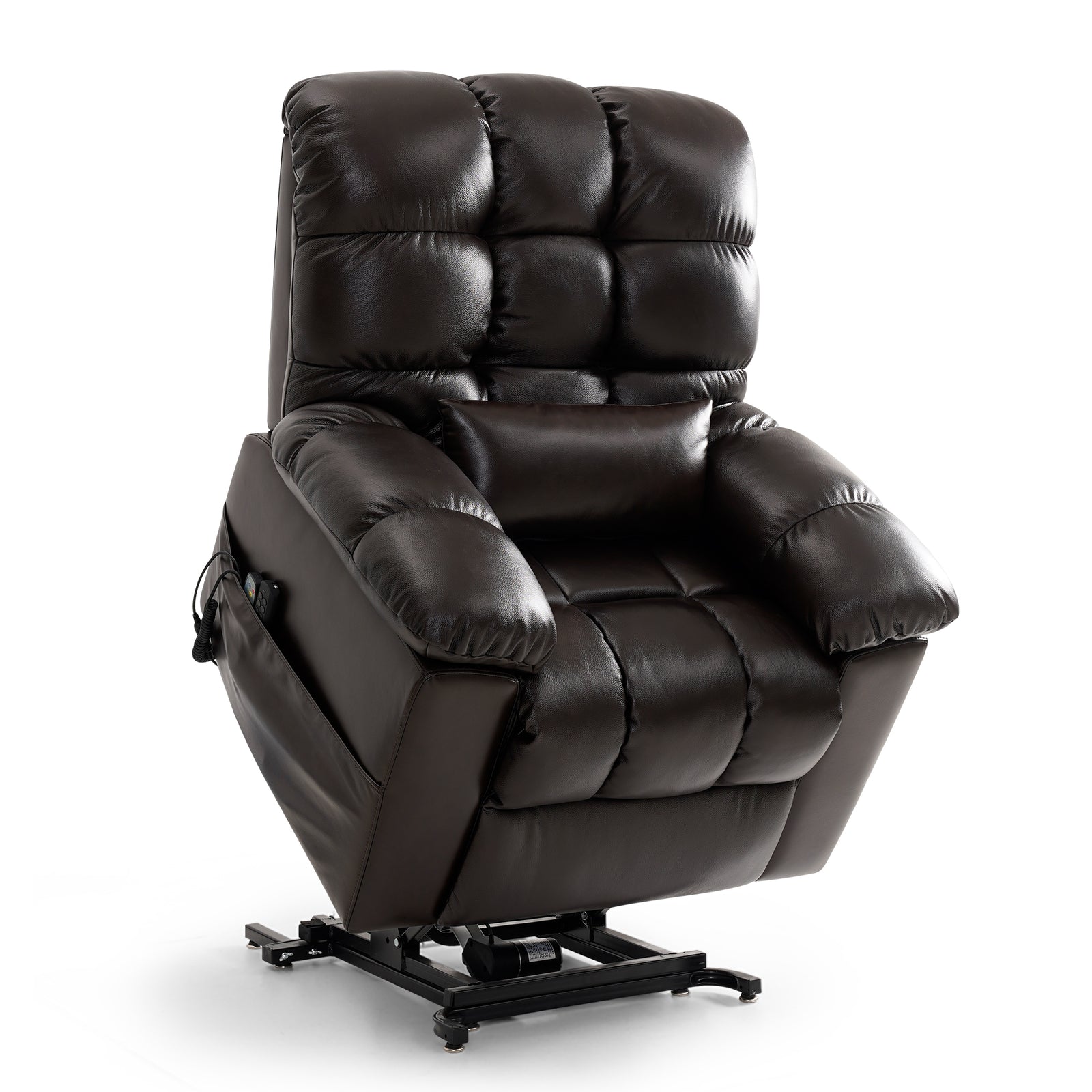 White background studio product photo of dark brown tufted faux leather power lift recliner chair for elderly, grid segmented padded backrest and seat, detachable lumbar cushion, wide padded armrests, side storage pocket holding wired remote control, sturdy black metal electric lift base, ergonomic senior assist reclining sofa
