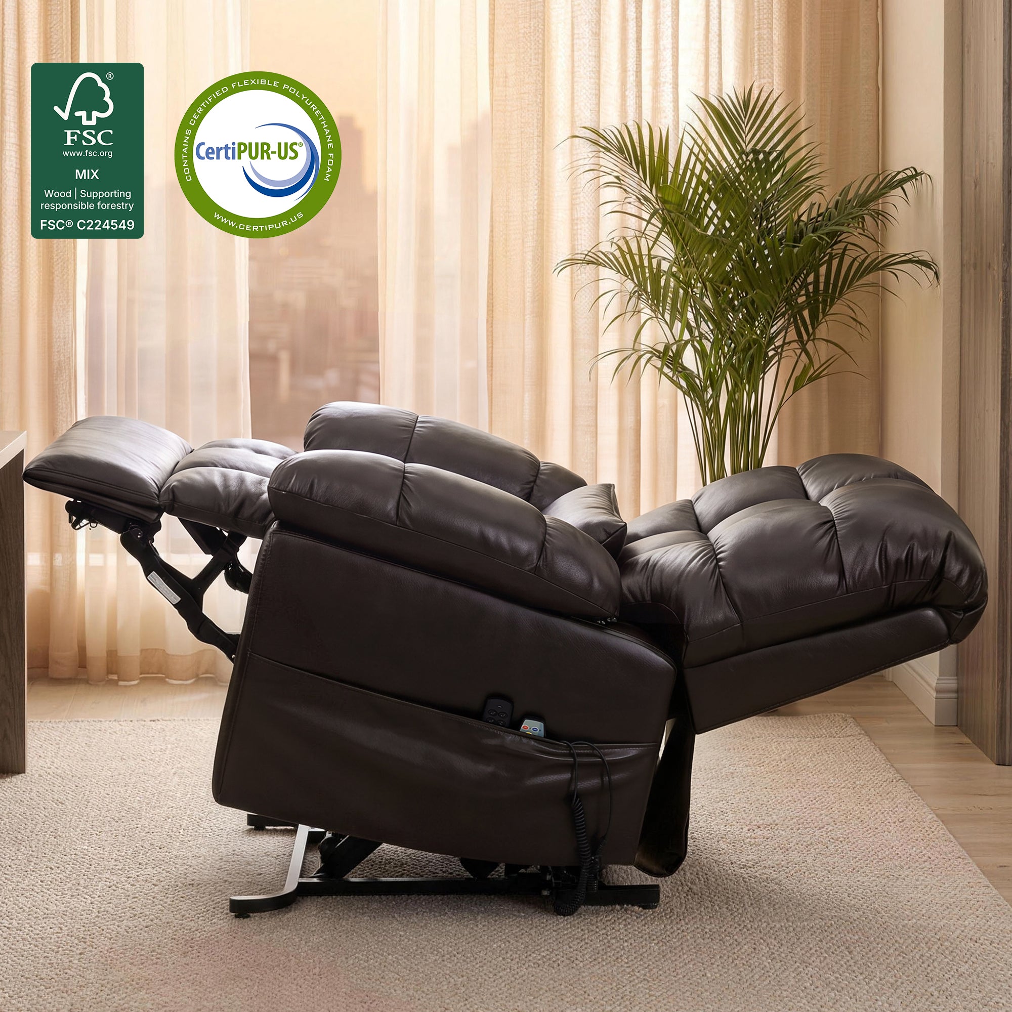 Warm home interior photo of fully flat reclined dark brown tufted faux leather power lift recliner chair, side storage pocket holding wired remote control, FSC sustainable wood frame and CertiPUR-US foam certification logos at top left, sheer beige curtains, palm plant and city view window background, plush tufted padded reclining sofa for elderly rest