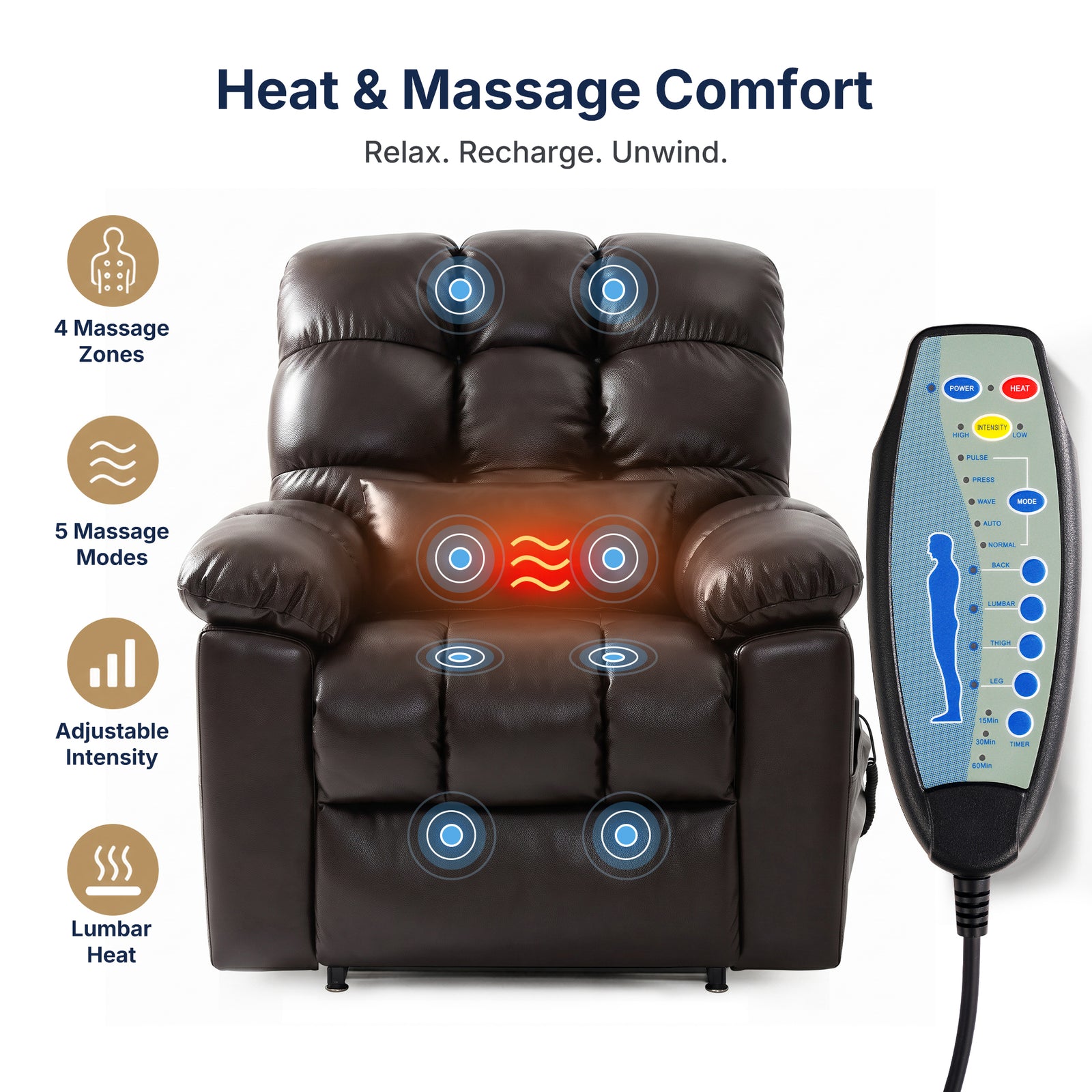 White background feature infographic titled Heat & Massage Comfort with slogan Relax. Recharge. Unwind., dark brown tufted faux leather power lift recliner chair marked with 4 massage zones, 5 massage modes, adjustable intensity and lumbar heating function, matching wired hand remote control on the right, heat and vibration therapy illustration for elderly office recliner sofa