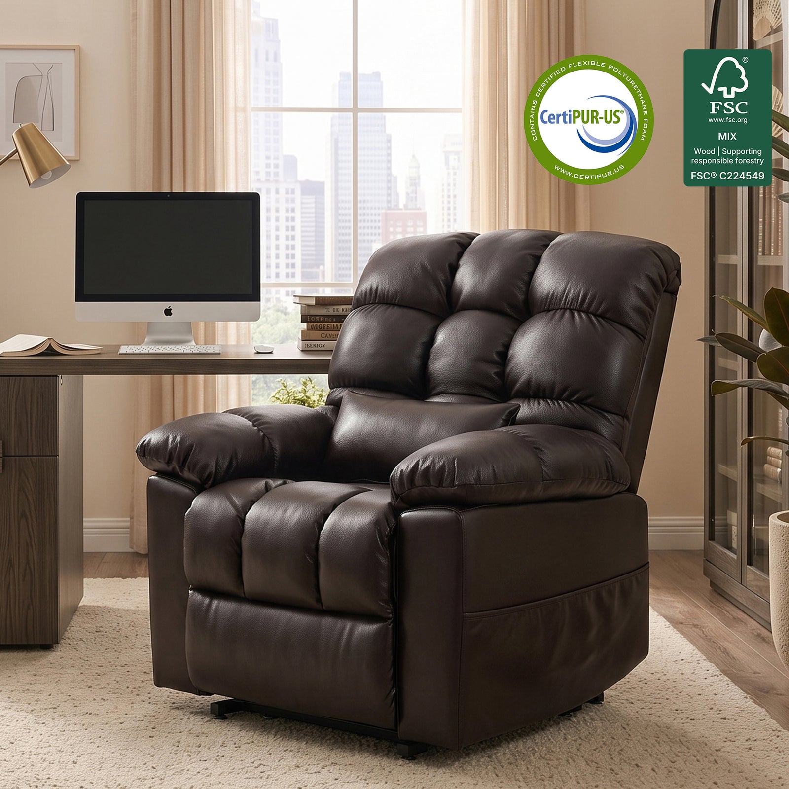 Office lifestyle interior photo of dark brown tufted faux leather power lift recliner chair, grid segmented plush cushions with detachable lumbar pillow, FSC sustainable wood frame and CertiPUR-US foam certification badges at top right, placed beside wooden computer desk with iMac, city skyline window view, warm neutral home office decor