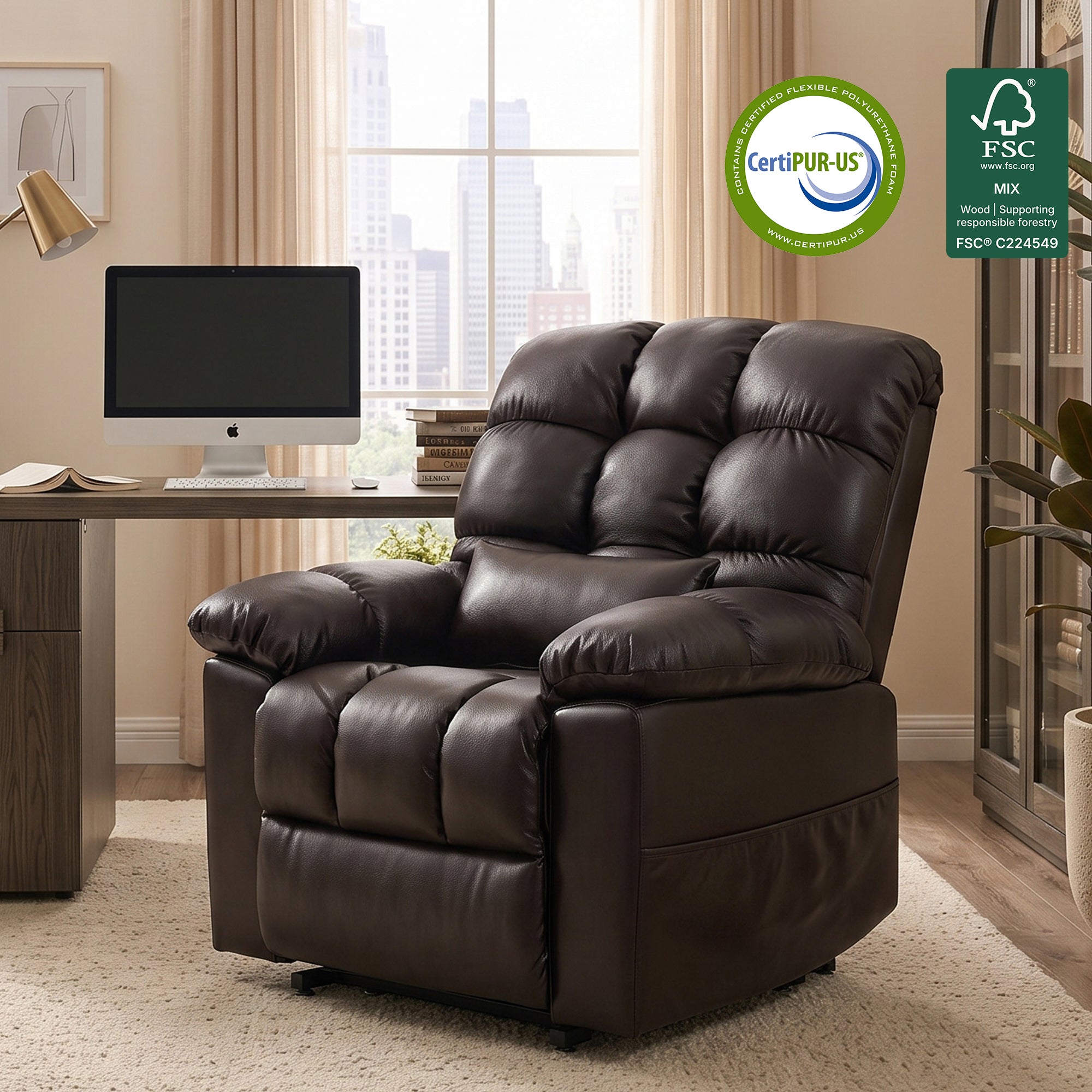  Office lifestyle interior photo of dark brown tufted faux leather power lift recliner chair, grid segmented plush cushions with detachable lumbar pillow, FSC sustainable wood frame and CertiPUR-US foam certification badges at top right, placed beside wooden computer desk with iMac, city skyline window view, warm neutral home office decor