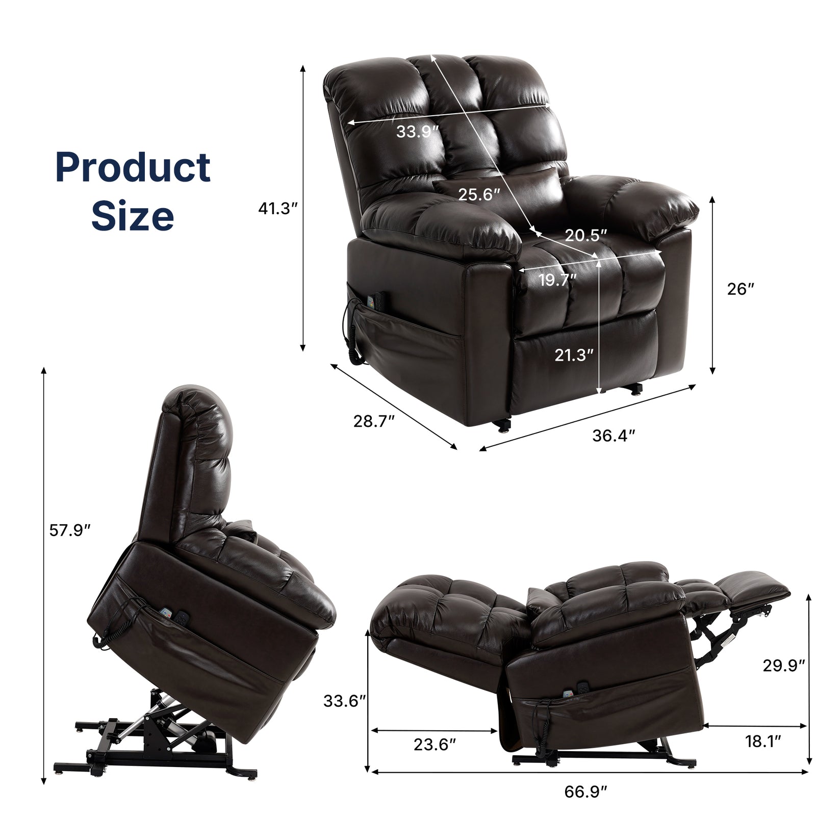 White background product size dimension chart for dark brown tufted faux leather triple motor power lift recliner chair, labeled inch measurements for upright static, side lift, and fully flat reclined modes, side storage pocket for wired remote, complete size specification diagram for elderly assist reclining sofa