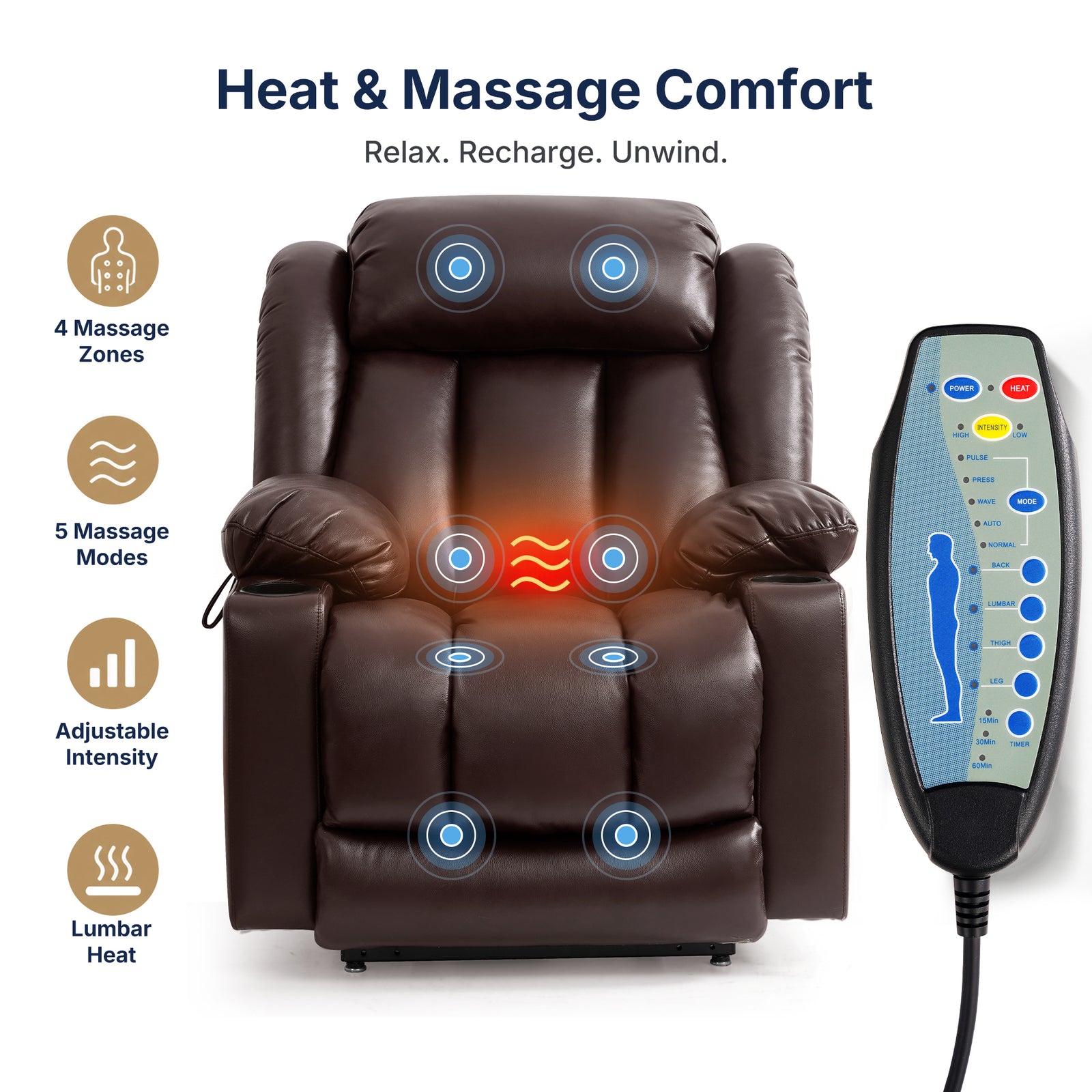 Product infographic showing heat and massage features of brown leather power lift recliner chair; 8 massage zones, 5 adjustable massage modes, variable intensity, lumbar heating function, wired remote control with body area selection buttons, white background feature diagram
