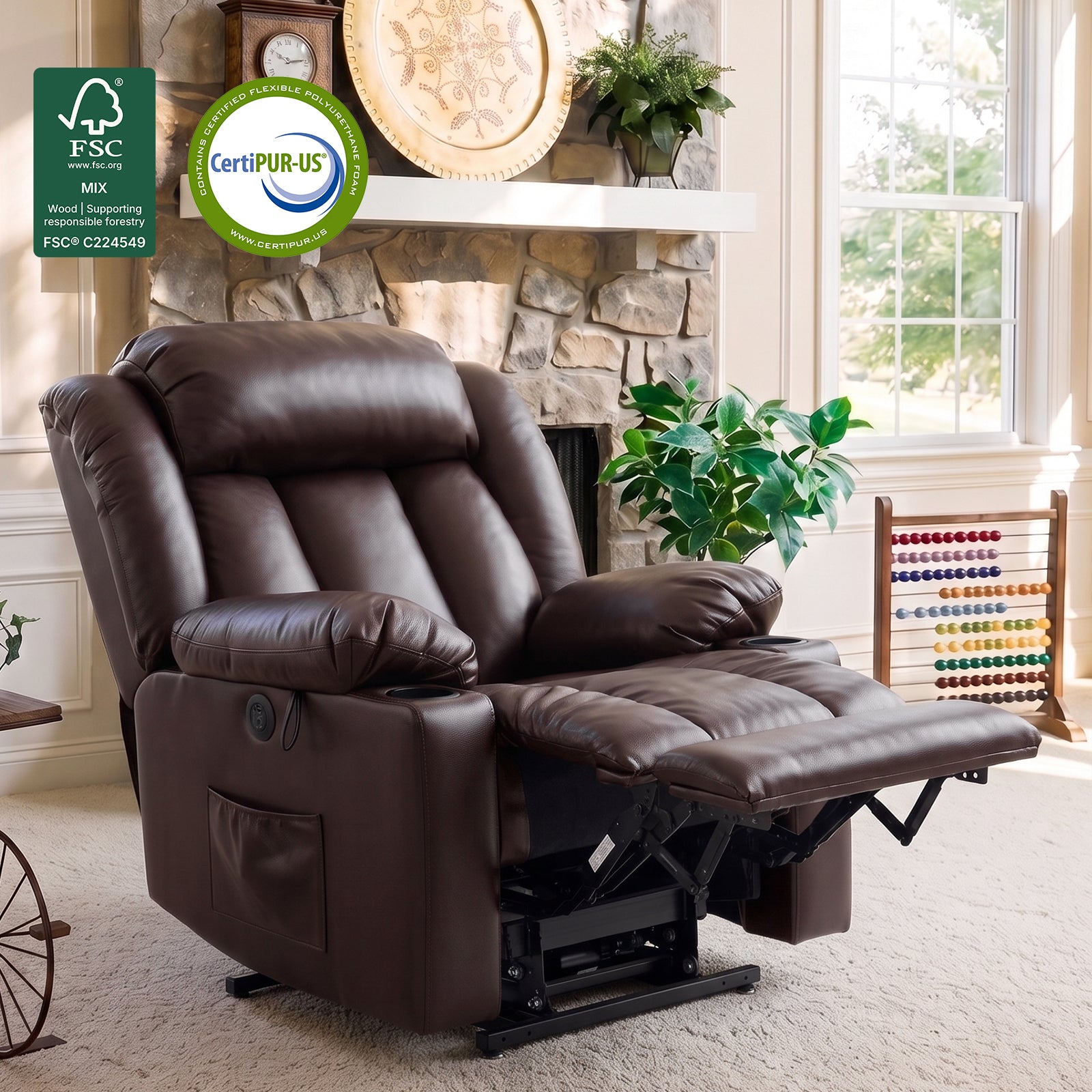 Dark brown faux leather power lift recliner fully extended in full recline position, massage function, dual cup holders, side storage pocket, CertiPUR-US foam & FSC wood certified, cozy stone fireplace living room home decor scene