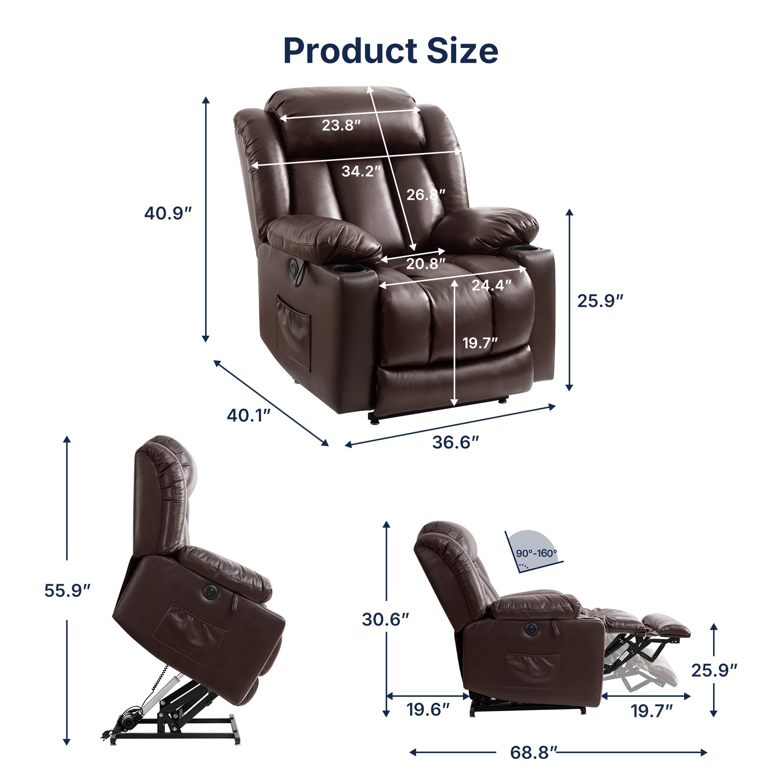 Power Lift Recliner Chair Full Dimension Size Diagram, Multi-Angle Measurement Specs, 90°-160° Recline Angle