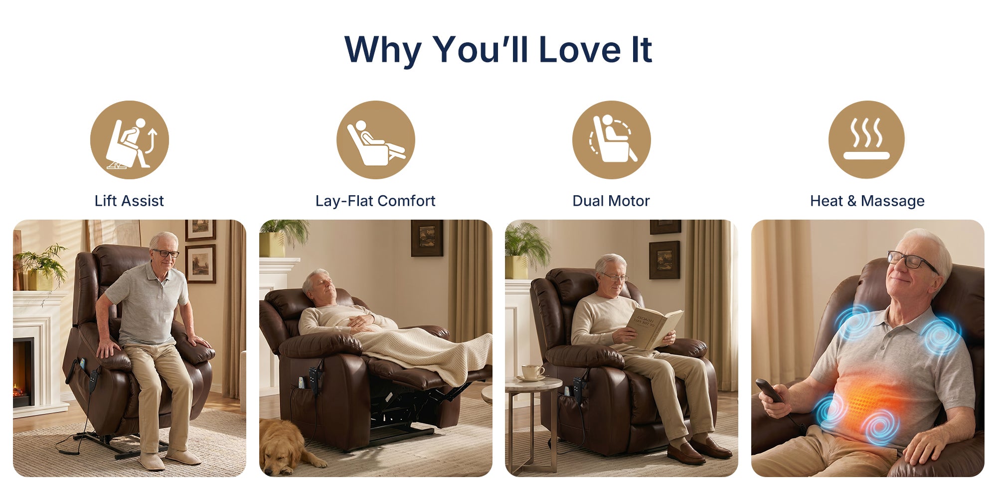 Product feature banner for brown leather elderly power lift recliner chair, titled "Why You'll Love It", displays four core functions: Lift Assist, Lay-Flat Comfort, Dual Motor, Heat & Massage, with matching lifestyle photos of senior men using the recliner in home living room.