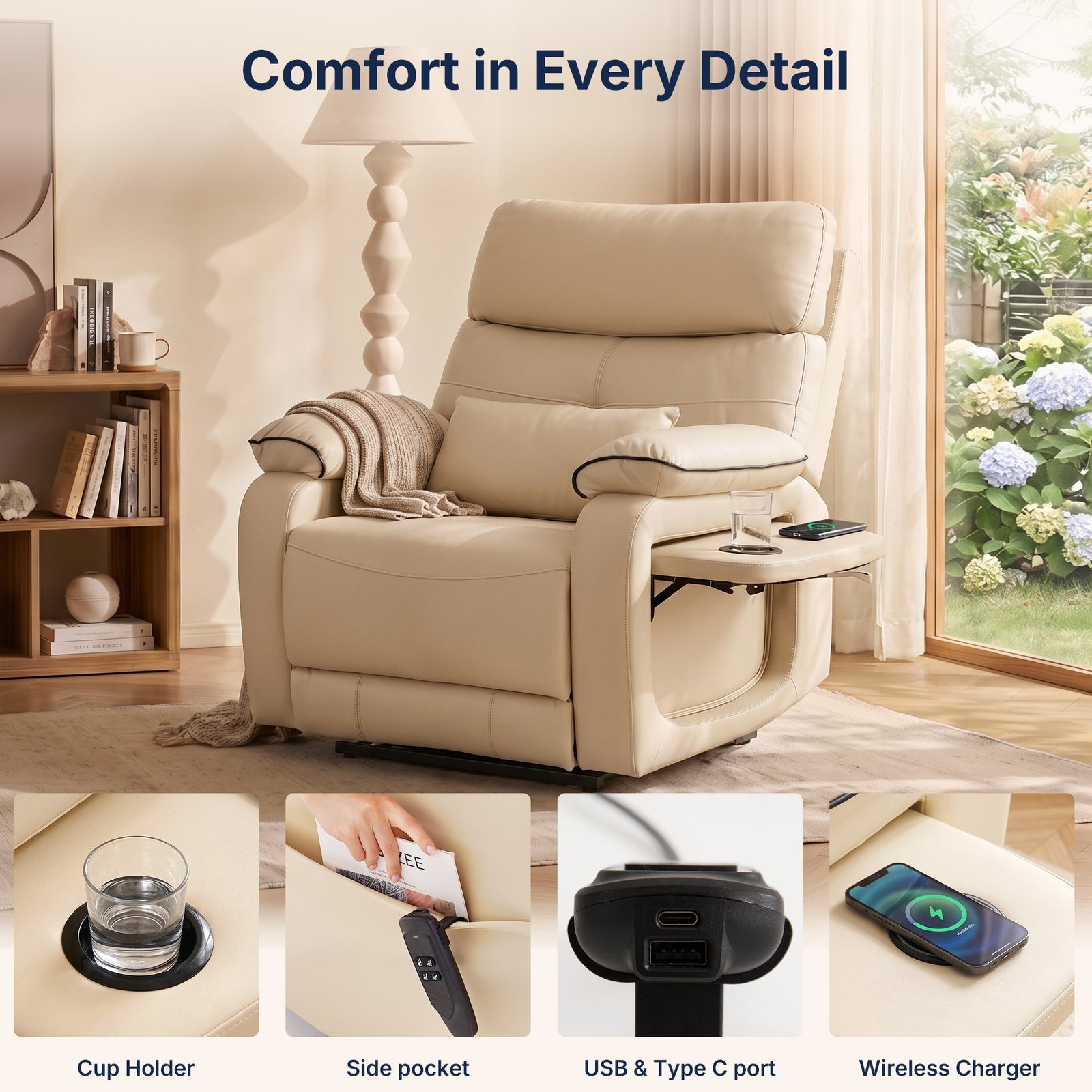 Alt: Lifestyle banner titled "Comfort in Every Detail" showcasing beige power lift recliner chair, 4 practical detailed features below: foldable side tray with cup holder, storage side pocket, USB & Type-C charging port, wireless phone charger, cozy bright home living room interior