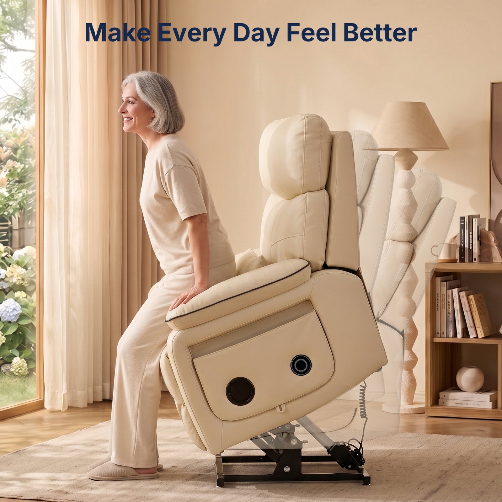 Lifestyle banner image with text "Make Every Day Feel Better", senior woman demonstrating electric lift assist function of beige faux leather power lift recliner chair, built-in side Bluetooth speakers, lifting mechanism showcase for elderly mobility support, cozy home living room interior
