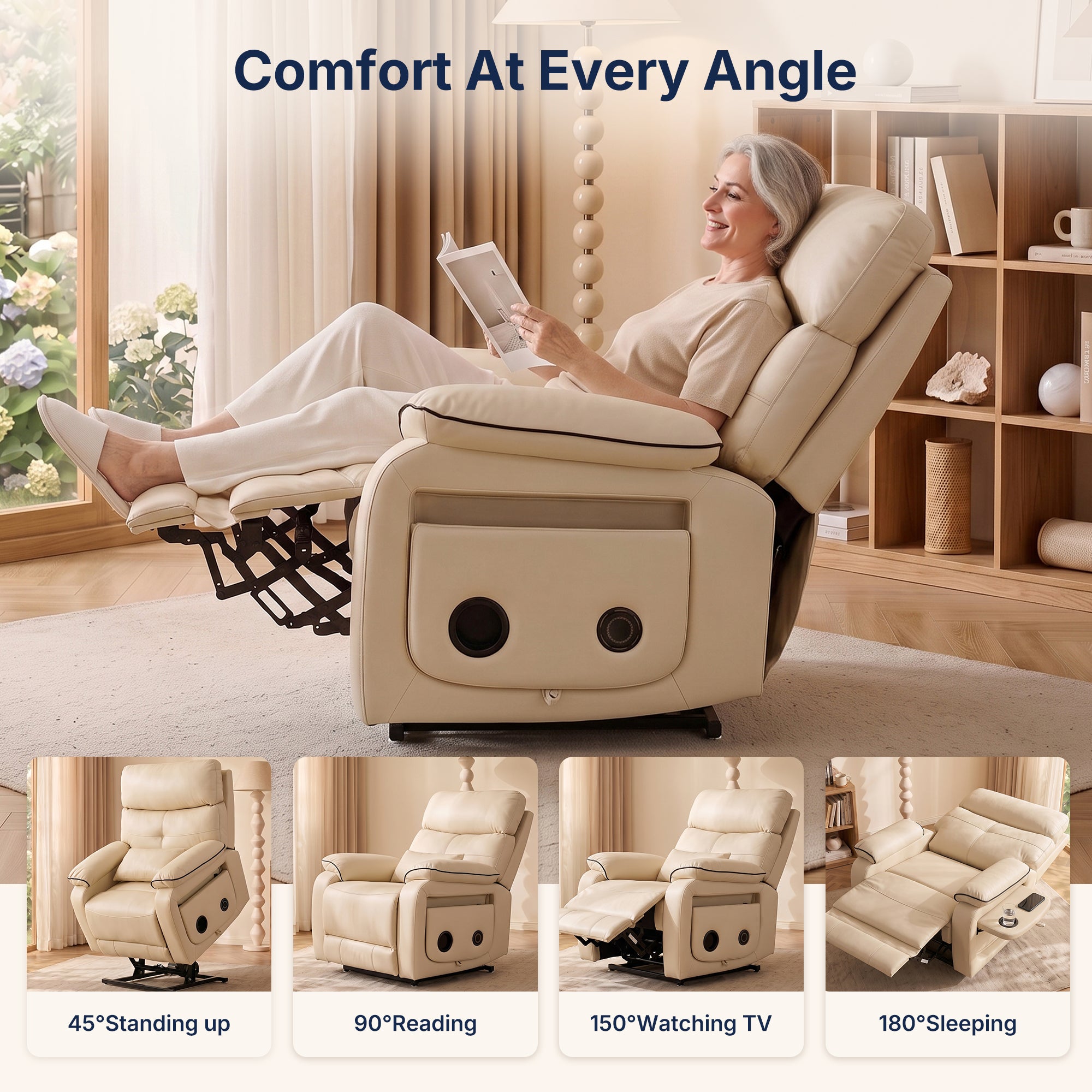 Lifestyle banner graphic titled "Comfort At Every Angle", senior woman relaxing on beige faux leather power lift recliner with built-in side Bluetooth speakers, four adjustable recline positions showcase: 45° Standing up, 90° Reading, 150° Watching TV, 180° Sleeping, multi-angle elderly assist recliner sofa infographic for living room home use