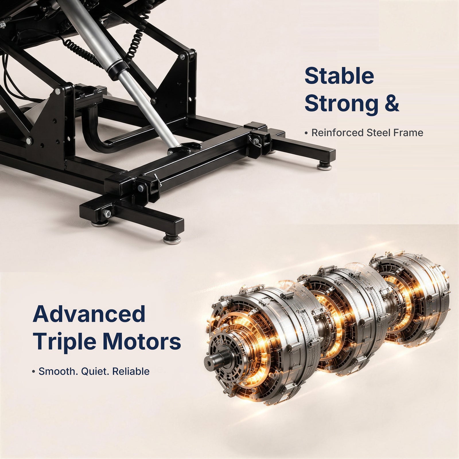  White background feature banner showcasing power lift recliner internal structure, top section reinforced black steel lift frame labeled "Stable Strong & Reinforced Steel Frame", bottom section advanced triple mechanical motors graphic with text "Advanced Triple Motors Smooth. Quiet. Reliable.", premium heavy-duty reclining chair hardware detail infographic