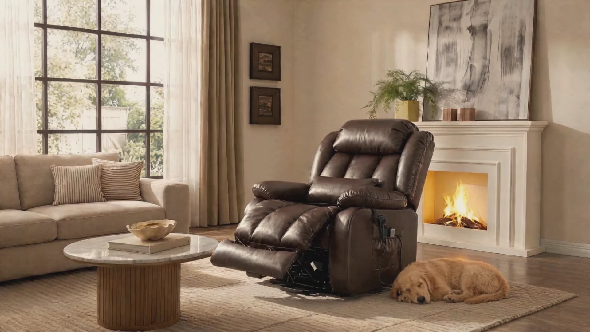 Lifestyle video of brown leather 3-motor power lift recliner fully laid flat in warm cozy living room, golden retriever dog resting beside the chair, fireplace, large grid window and beige fabric sofa in background, showcases lay-flat sleeping mode for elderly seniors with quiet independent adjustment function.